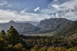 Una vista panorámica de montañas verdes y exuberantes bajo un cielo parcialmente nublado que recuerda a los Paisajes Canarios, capturados maravillosamente en el Póster Caldera de Taburiente. El paisaje presenta colinas onduladas y bosques densos, con parches de luz que iluminan el terreno. Se ven arbustos y árboles en primer plano, capturando la esencia del Arte Decorativo.