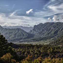 Una vista panorámica de montañas verdes y exuberantes bajo un cielo parcialmente nublado que recuerda a los Paisajes Canarios, capturados maravillosamente en el Póster Caldera de Taburiente. El paisaje presenta colinas onduladas y bosques densos, con parches de luz que iluminan el terreno. Se ven arbustos y árboles en primer plano, capturando la esencia del Arte Decorativo.
