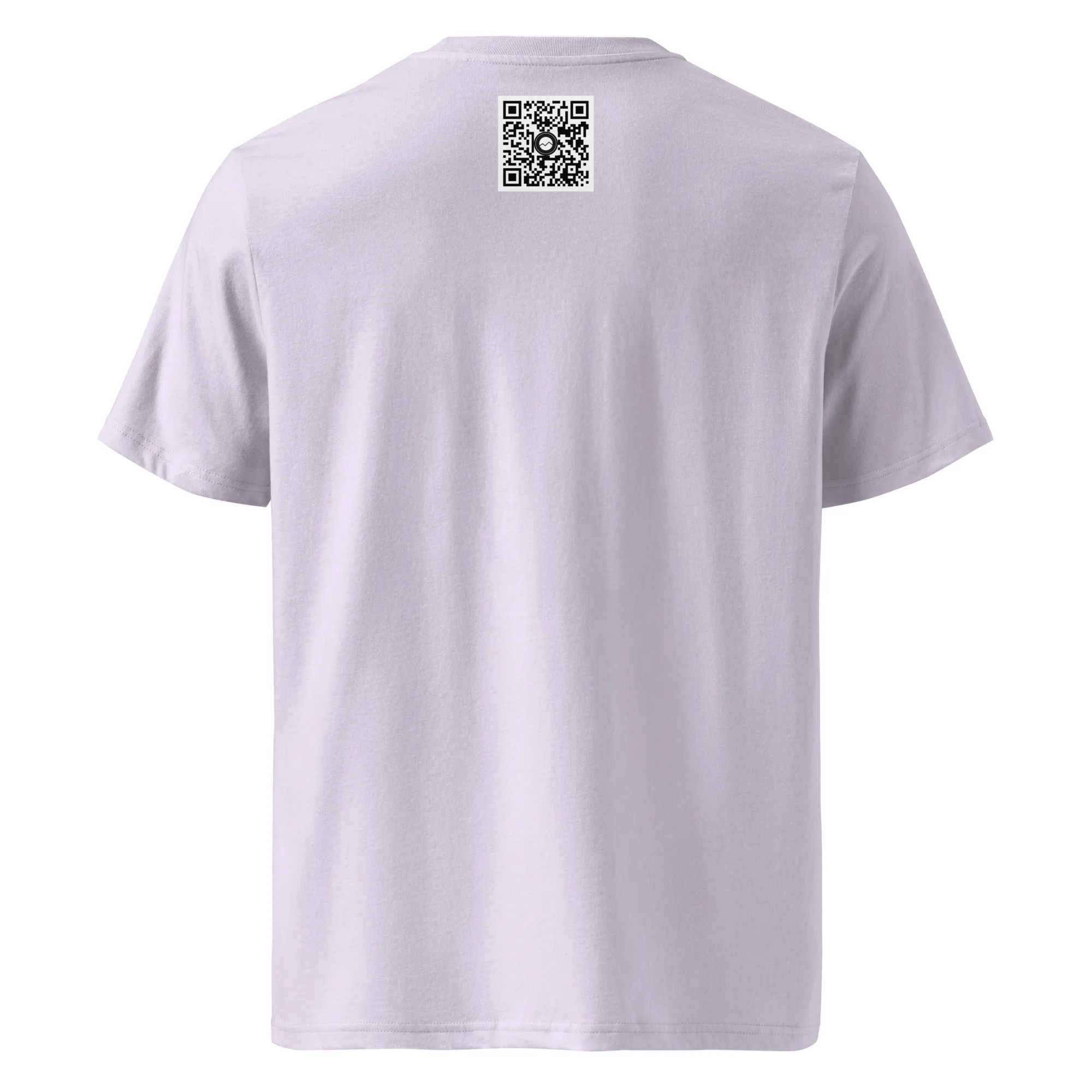 La Camiseta unisex Telescopios del Roque de los Muchachos se muestra desde atrás, con un código QR impreso en la parte superior central debajo del escote, agregando un toque de arte decorativo a tu guardarropa diario.