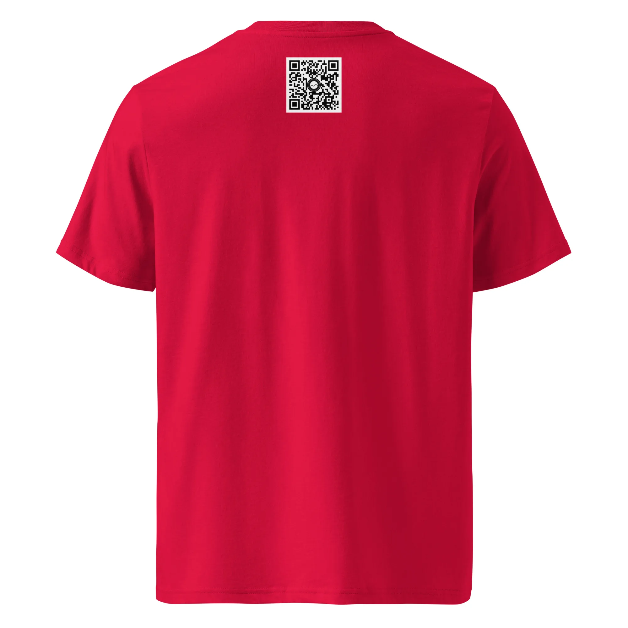 La camiseta unisex Sotavento, una camiseta roja adornada con un código QR en la parte superior de la espalda, se muestra bellamente sobre un fondo blanco liso, fusionando la moda contemporánea con influencias del Arte Decorativo.